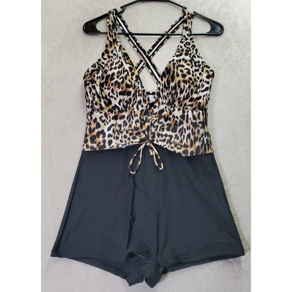 Womens Swimsuit Size Medium Multi Cheetah Print Sleeveless Cross Back Drawstring - Picture 1 of 6